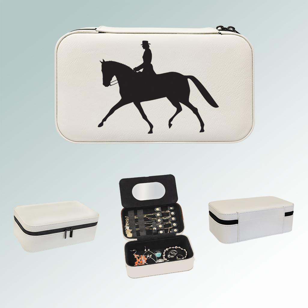 Leatherette horse silhouette jewelry box with your choice of horse silhouette and personalized engraved text. 85+ horse silhouettes to choose from.