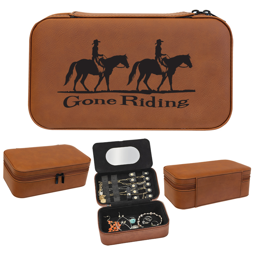 Leatherette jewelry box with your choice of horse design 3 and personalized engraved text. Horse Jewelry Box