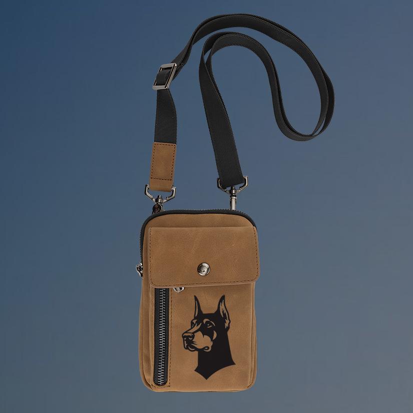 Custom engraved urban doberman crossbody bag with your choice of doberman design and personalized text. 25+ Doberman designs to choose from.