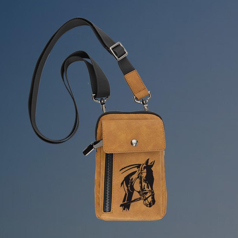Personalized crossbody bag with your choice of horse design and custom engraved text. Equestrian Crossbody Bag