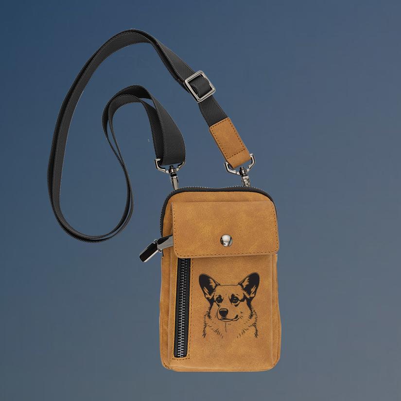 Personalized corgi crossbody bag with your choice of corgi design and custom engraved text. 100+ corgi designs to choose from.