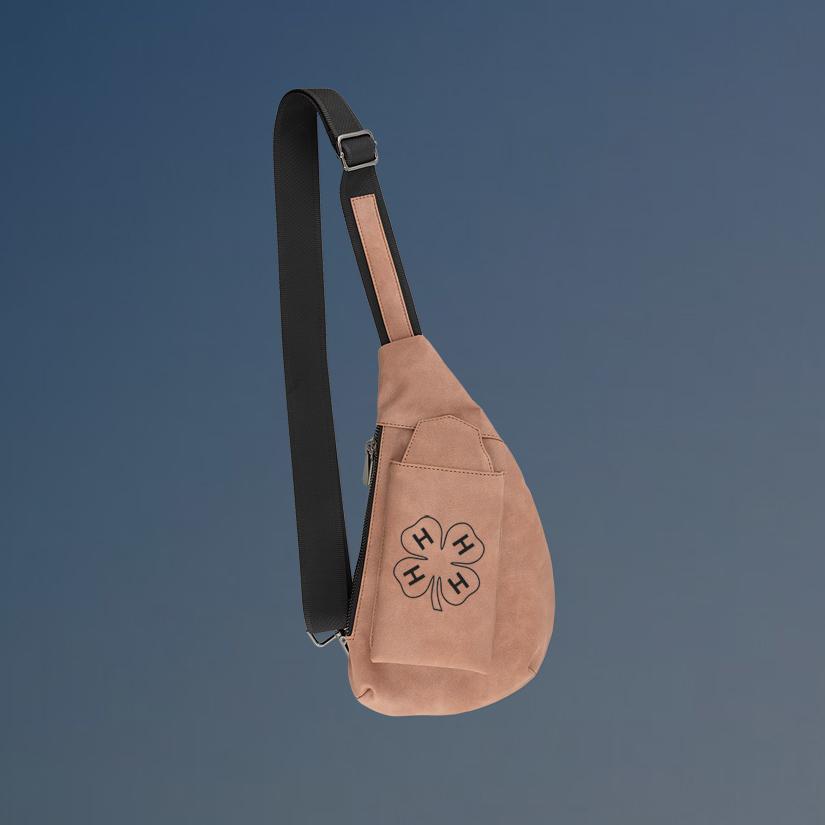 Custom engraved crescent crossbody bag with your choice of 4-H and personalized text.