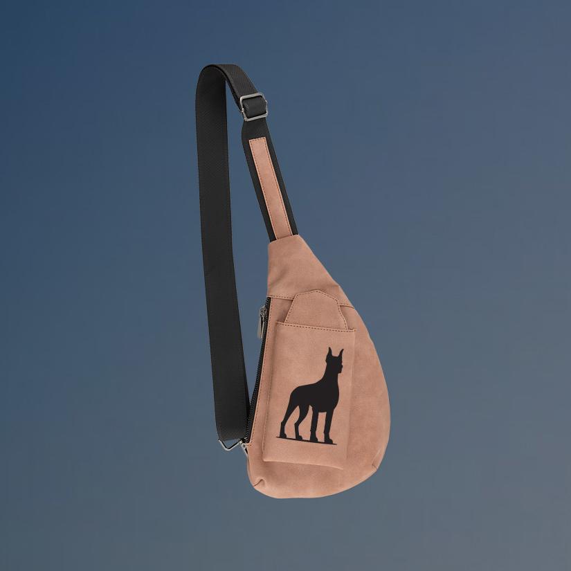 Personalized crescent crossbody bag with your choice of Doberman design and custom engraved text.