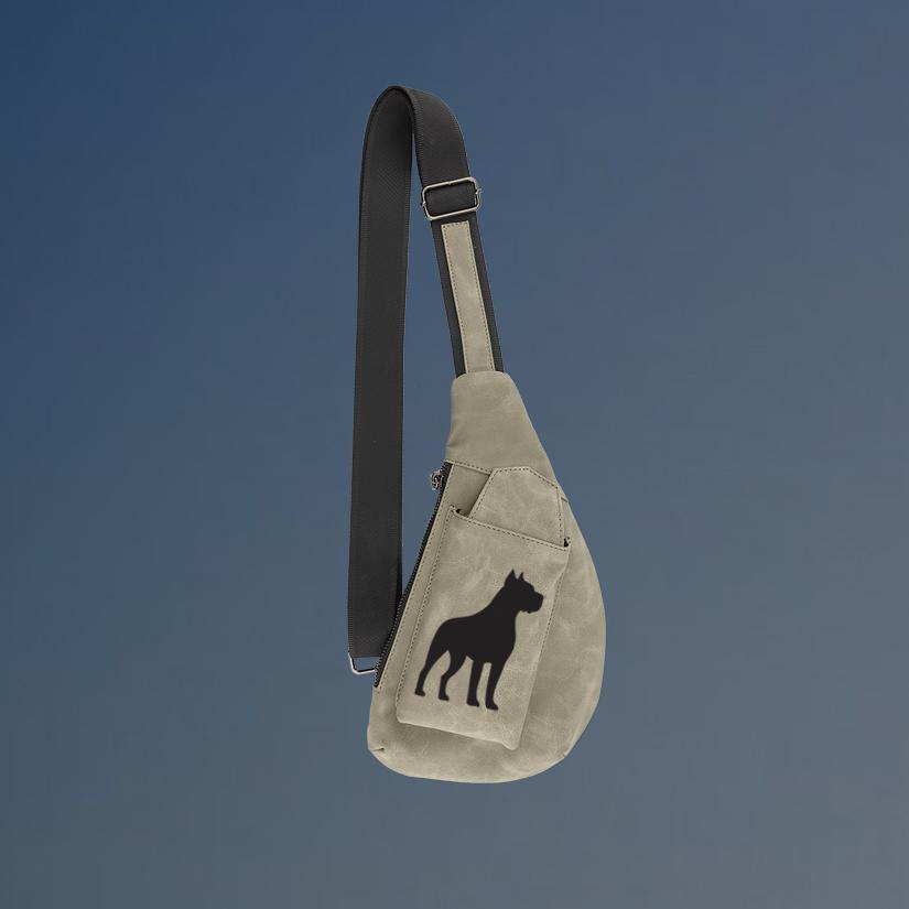 Custom engraved crescent crossbody bag with your choice of dog design and personalized text.