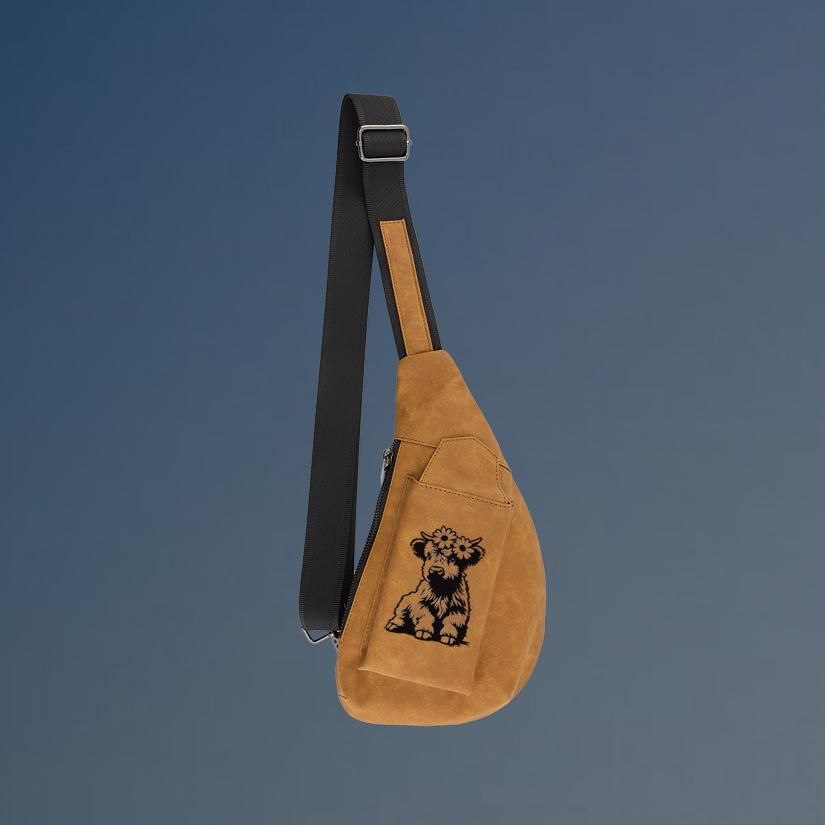 Personalized crescent crossbody bag with your choice of farm animal design and custom engraved text.