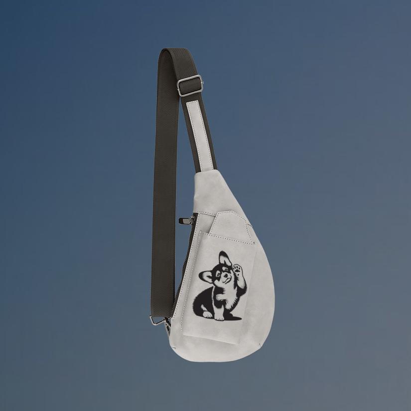 Personalized crescent crossbody bag with your choice of corgi design and custom engraved text.