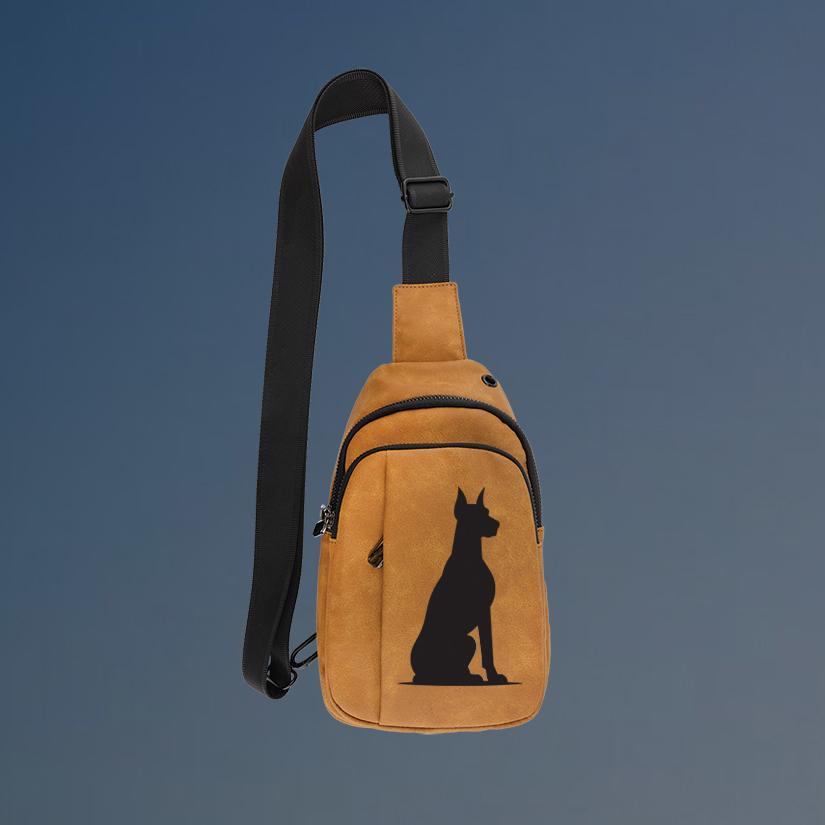 Custom engraved explorer Doberman crossbody bag with your choice of Doberman design and personalized text.