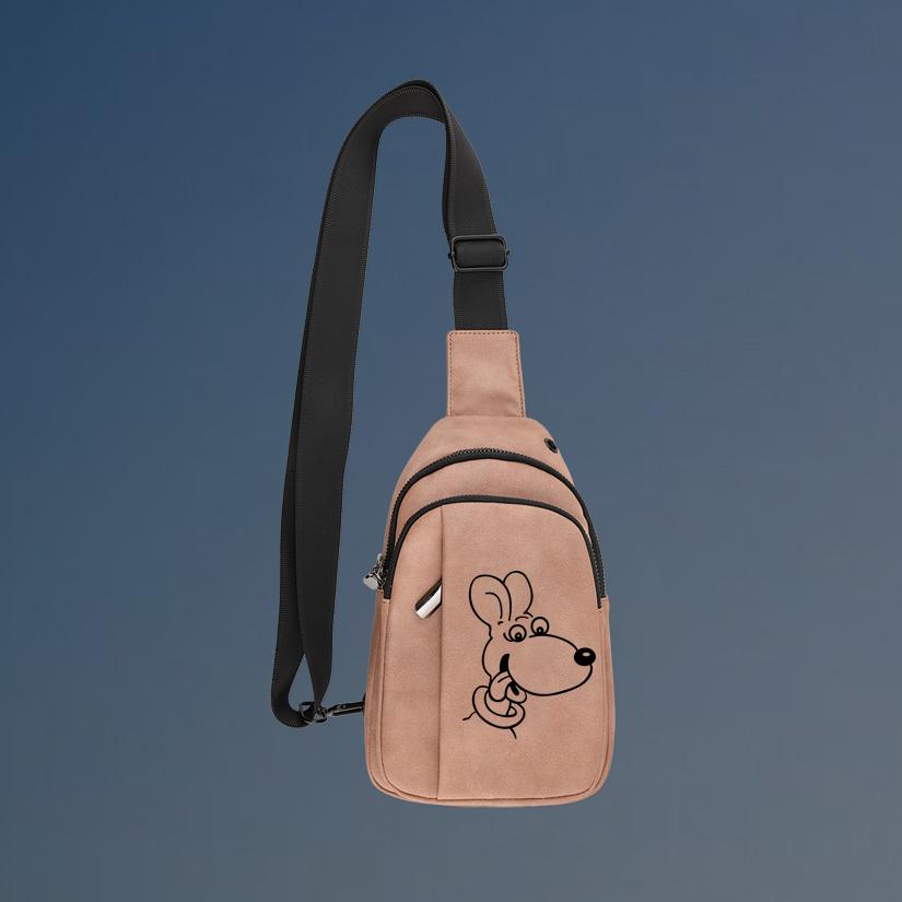 Custom engraved explorer dog crossbody bag with your choice of dog design and personalized text.