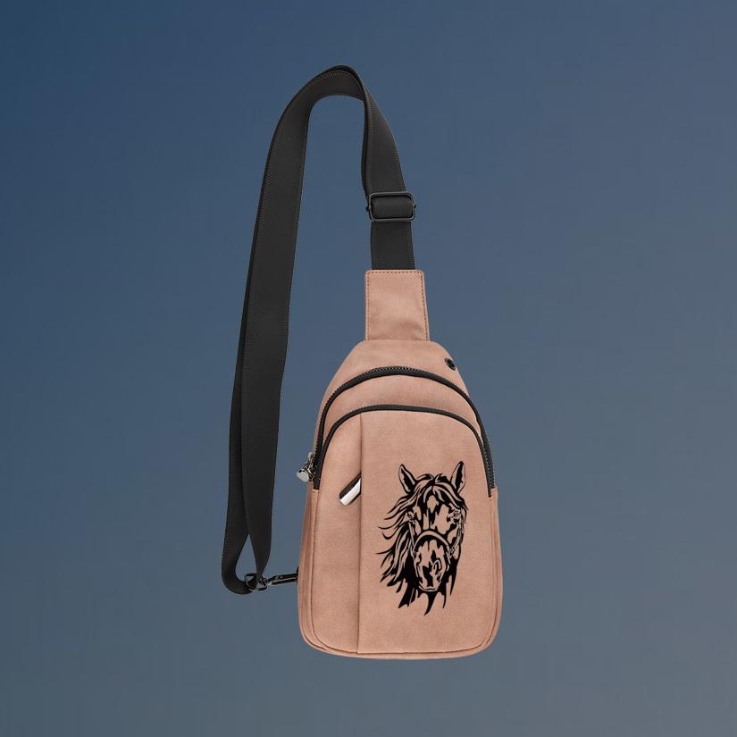Custom engraved explorer horse silhouette crossbody bag with your choice of horse silhouette and personalized text.