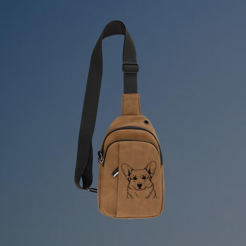Custom engraved explorer corgi crossbody bag with your choice of corgi design and personalized text.