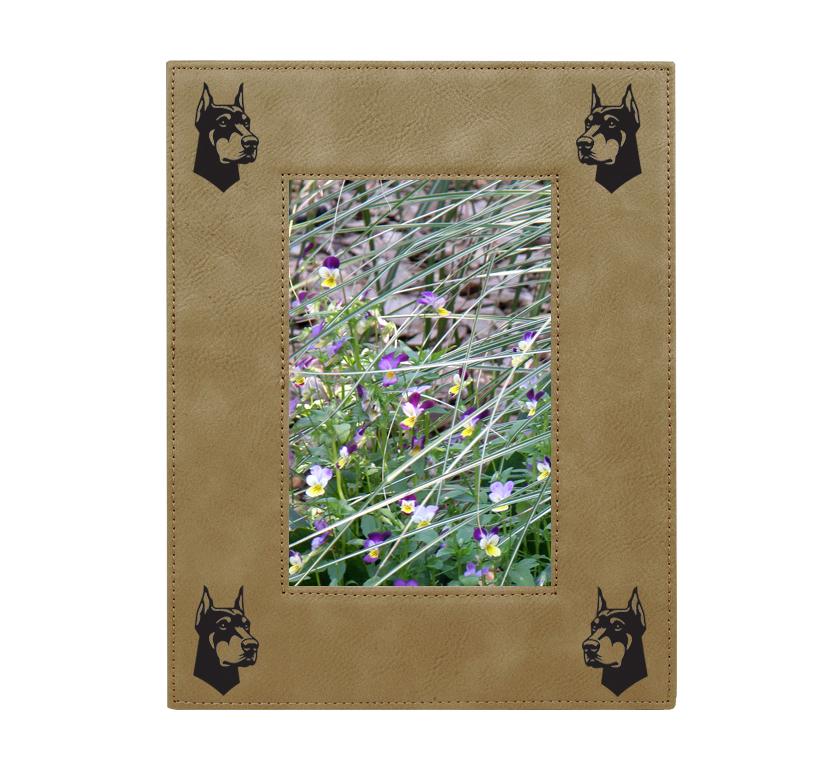 Personalized leatherette picture frame with custom engraved Doberman dog design and text.
