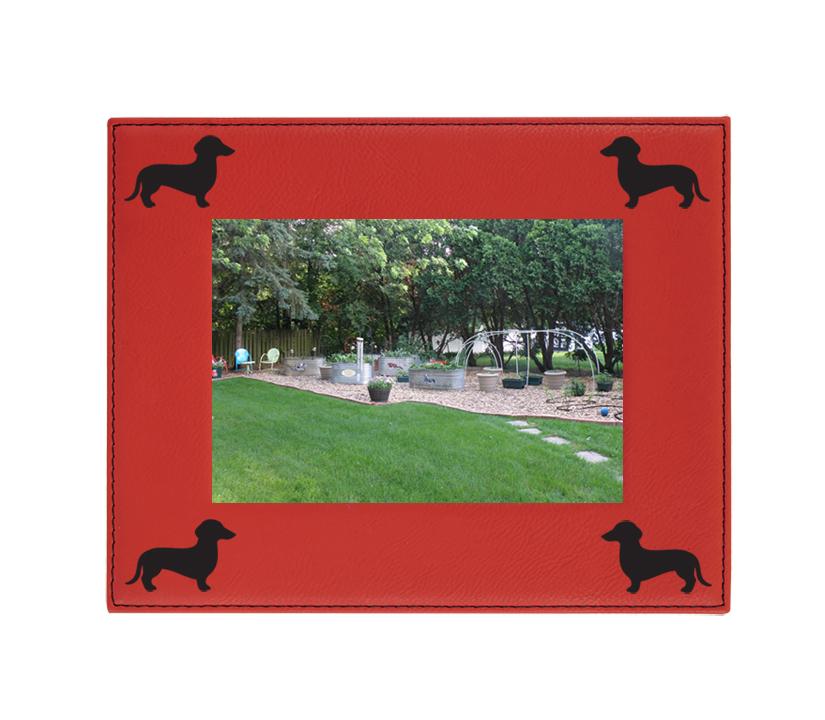 Custom laser engraved leatherette picture frame with dog silhouette and personalized text. Dog Picture Frame