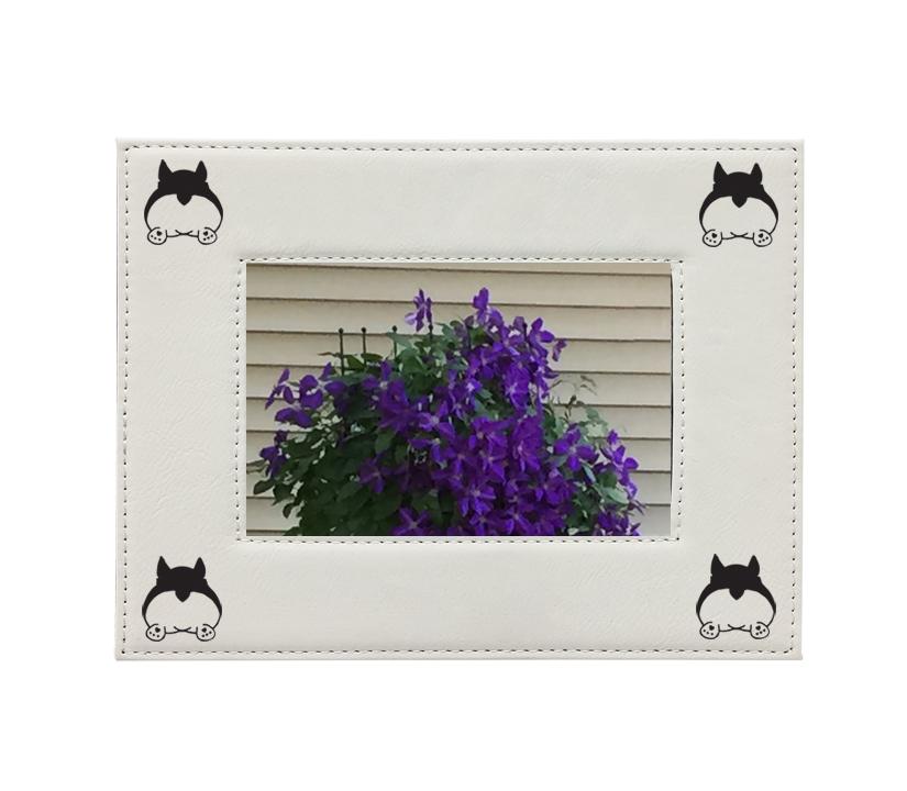 Custom laser engraved leatherette picture frame with corgi dog design and personalized text. Corgi Picture Frame