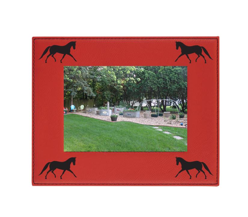 Custom laser engraved leatherette picture frame with horse design and personalized text.