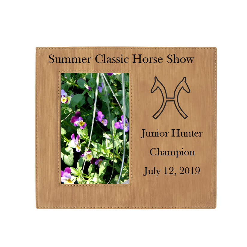 Custom engraved photo frame plaque with your choice of horse breed Logo and personalized text. Horse Photo Frame
