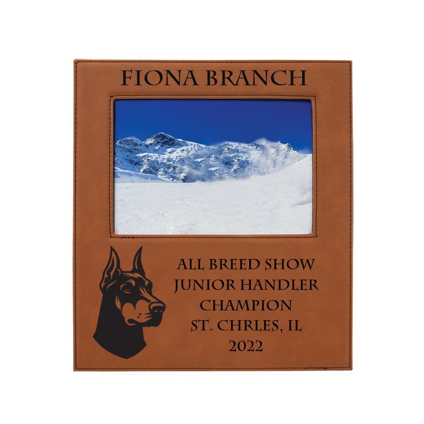 Personalized picture frame plaque with your choice of Doberman design and custom engraved text. Doberman Photo Frame