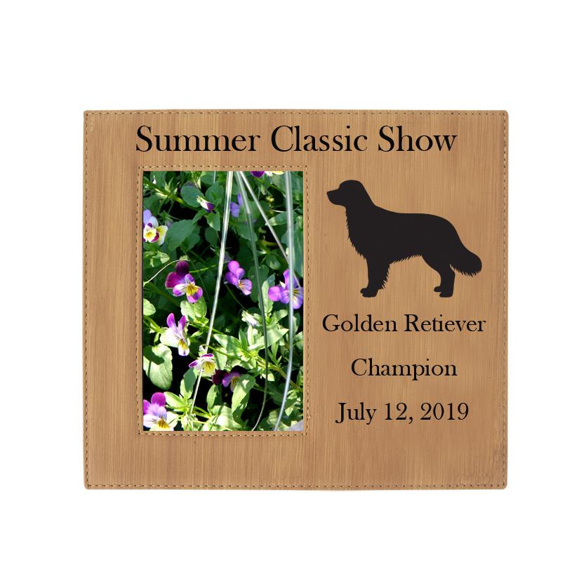 Custom engraved photo frame plaque with your choice of Golden Retriever design and personalized text. Golden Retriever Photo Frame