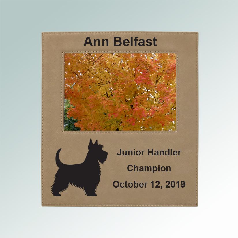 Personalized dog breed picture frame plaque with your choice of dog breed design and custom engraved text. 100+ dog breeds to choose from.