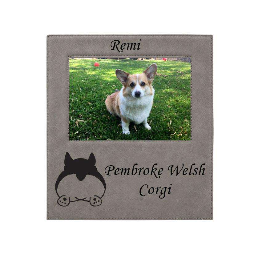 Personalized picture frame plaque with your choice of corgi design and custom engraved text. Corgi Photo Frame