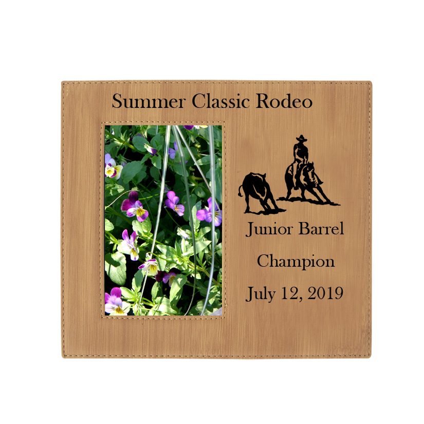 Custom engraved photo frame plaque with your choice of rodeo design and personalized text. Rodeo Photo Frame