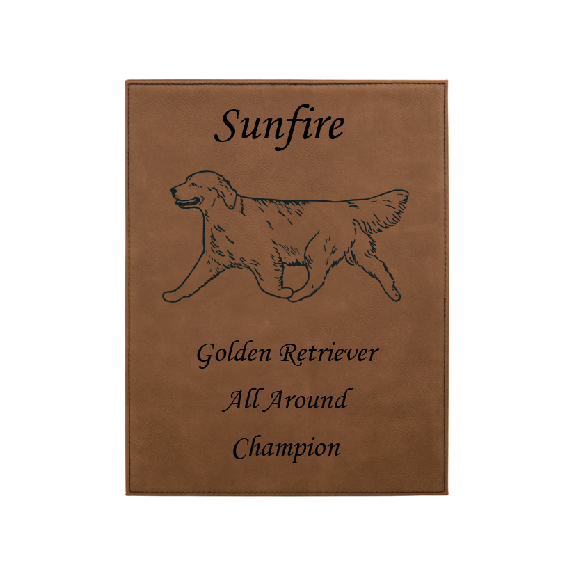 Engraved leatherette plaque with personalized text and Golden Retriever design. Golden Retriever Award | Golden Retriever Plaque