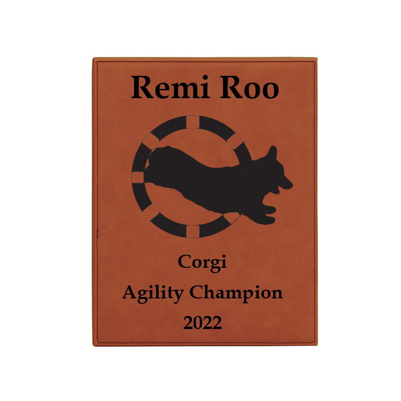 Engraved leatherette plaque with personalized text and corgi design. Corgi Award | Corgi Plaque