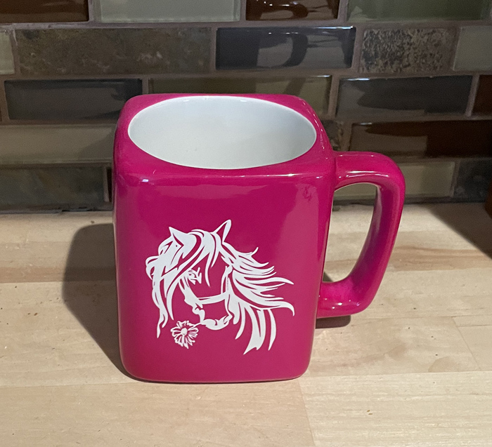 Horse flower square coffee mug that has a horse holding a flower. Equestrian Gift