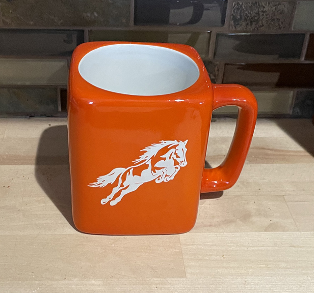 Square jumping horse coffee mug in orange. Horse Mug