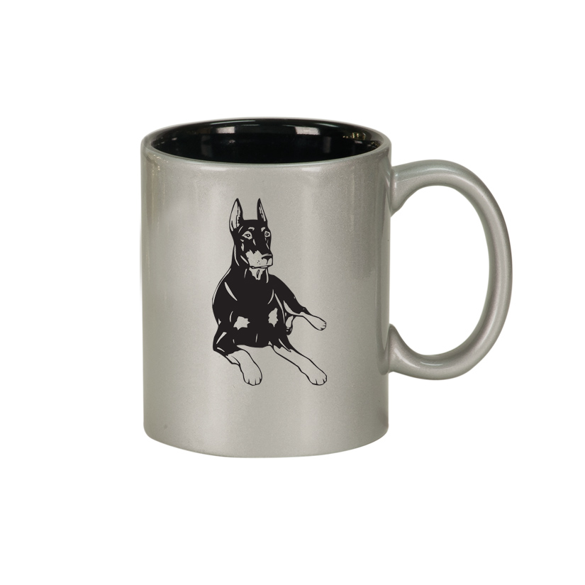 Personalized coffee mug with engraved text and your choice of cat design. Doberman Coffee Mug