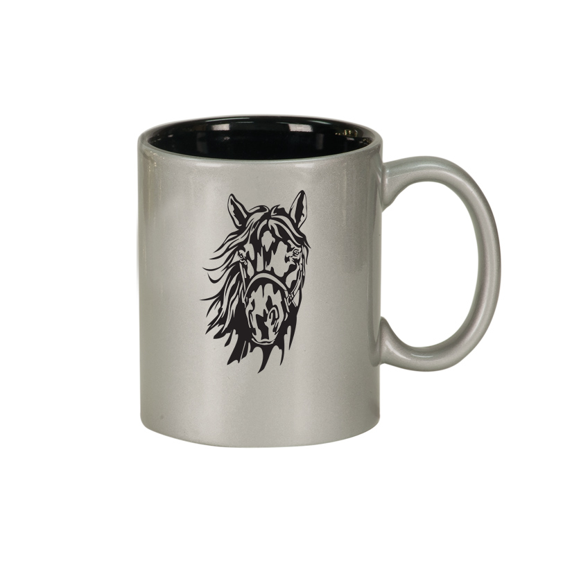 Personalized ceramic coffee mug with custom engraved text and horse design.
