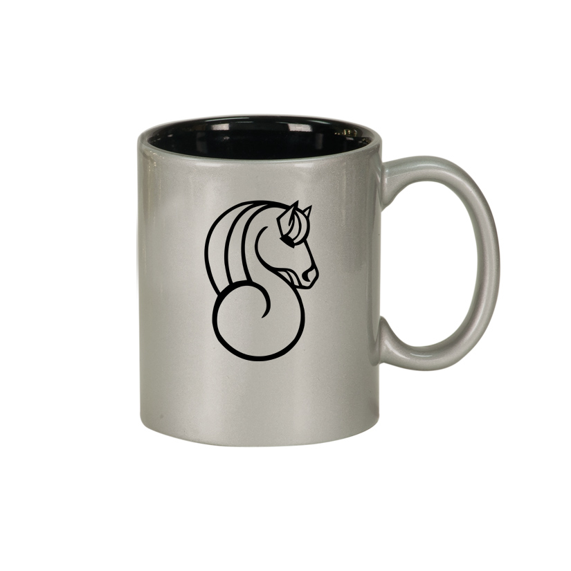 Custom engraved ceramic coffee mug with with your choice of engraved horse design 3 and personalized text. Horse Coffee Mug