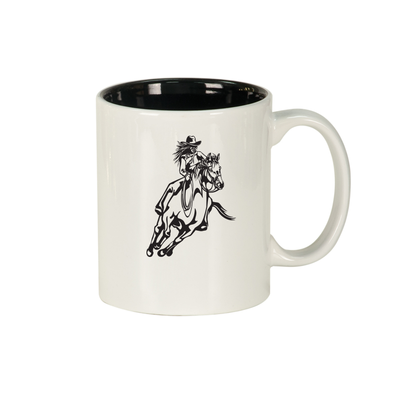Personalized coffee mug with engraved text and your choice of rodeo design. Rodeo Coffee Mug