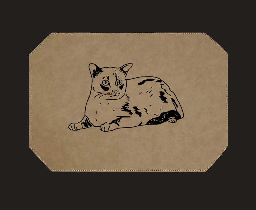 Custom engraved leatherette placemat with your choice of cat design and personalized text. Cat Placemat