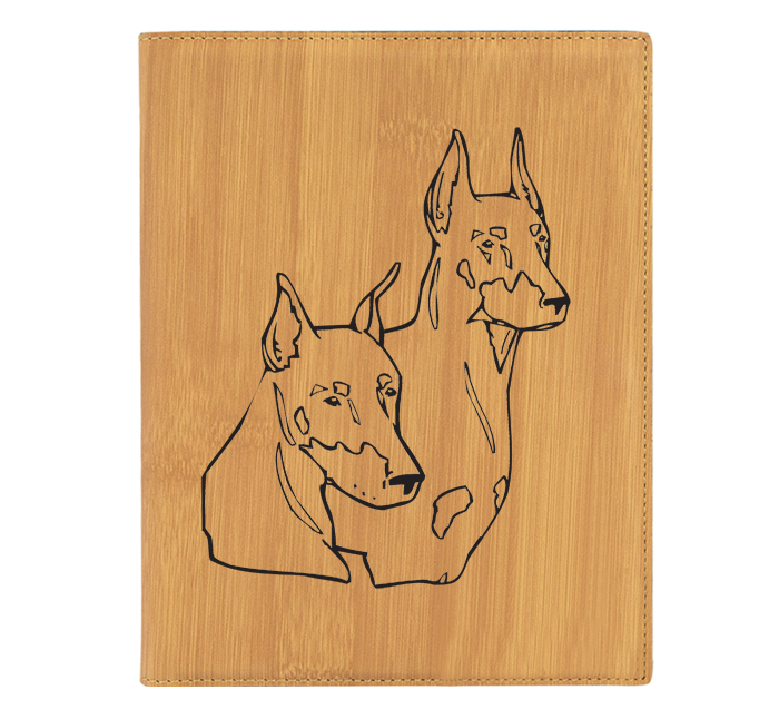 Custom engraved leatherette portfolio with Doberman dog design and custom text. Makes a great father's day gift, dog show award, corporate gift, graduation present or dog lover's gift.