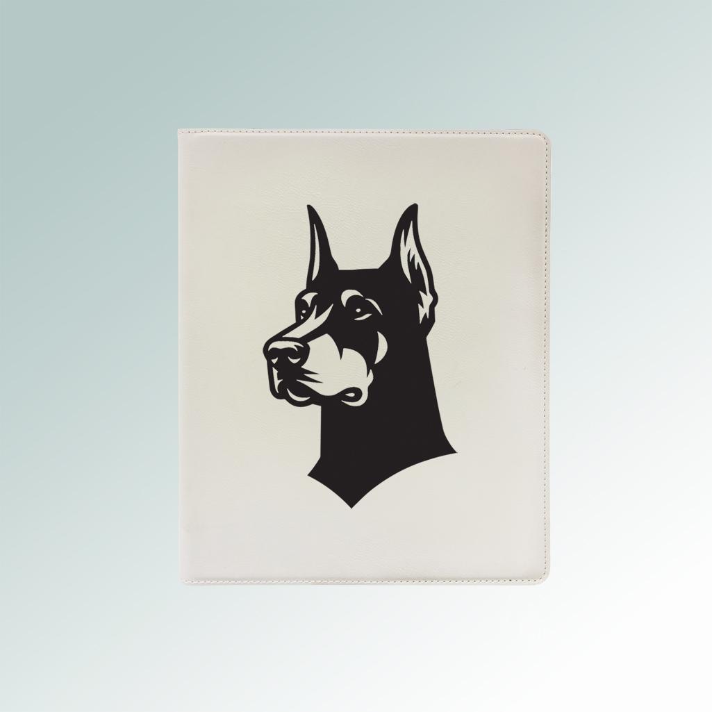 Personalized leatherette doberman portfolio with custom engraved doberman design and text. 25+ Doberman designs to choose from.