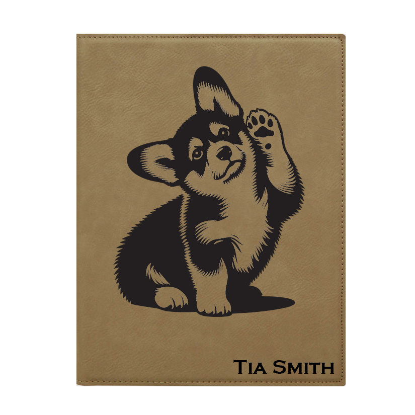 Custom engraved leatherette portfolio with Welsh Corgi dog design and custom text. Makes a great father's day gift, dog show award, corporate gift, graduation present or dog lover's gift.