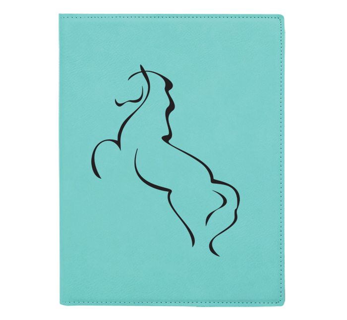 Personalized leatherette portfolio with custom engraved horse design and text. Equestrian Portfolio