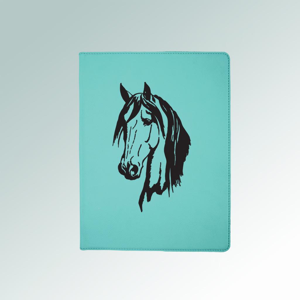 Personalized leatherette horse portfolio with custom engraved horse design and text. 145+ horse designs to choose from.