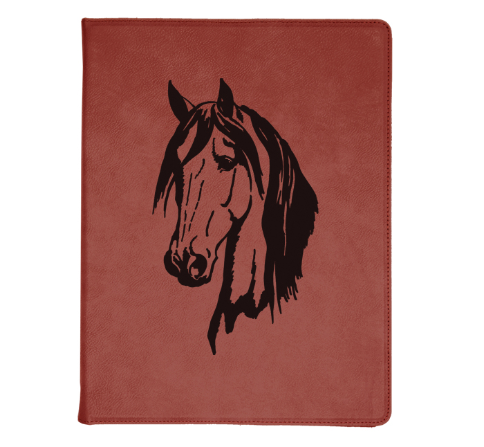 Personalized leatherette portfolio with custom engraved horse design 2 and text.