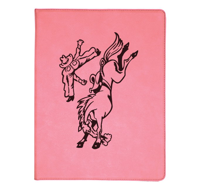 Personalized leatherette portfolio with custom engraved horse design 3 and text. Equestrian Portfolio