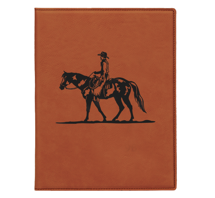 Custom engraved leatherette portfolio with rodeo design and custom text. Rodeo Portfolio