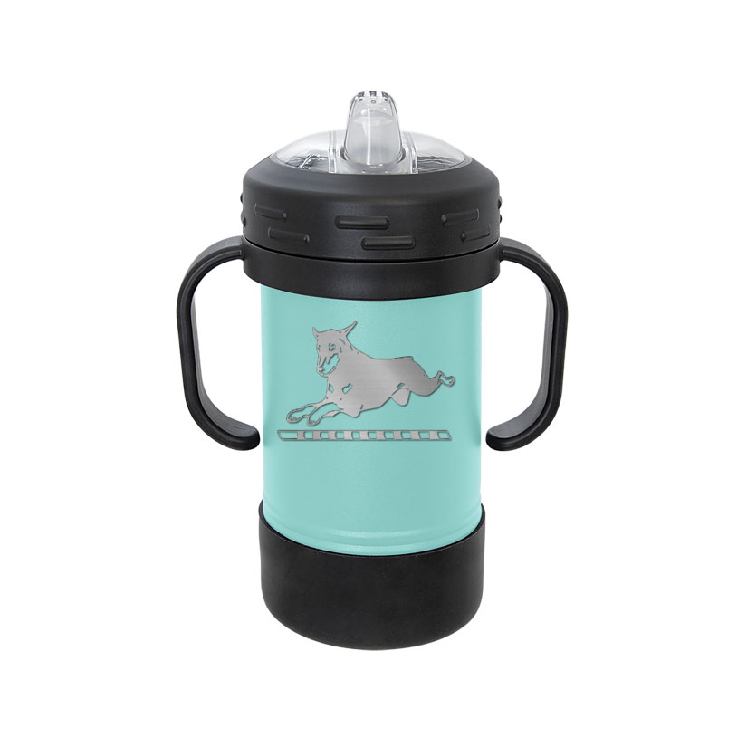Personalized stainless steel sippy cup with your choice of doberman design and custom engraved text. Doberman Sippy Cup