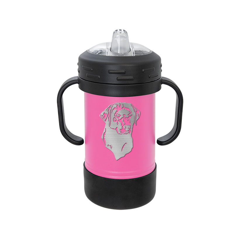 Custom engraved stainless steel sippy cup with your choice of dog design 3 and personalized text. Dog Sippy Cup