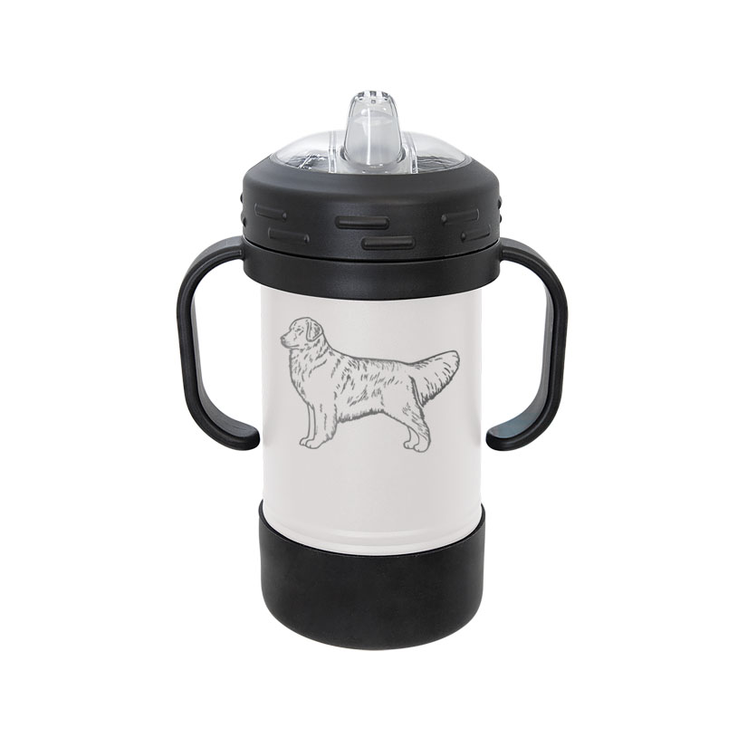 Personalized stainless steel sippy cup with your choice of Golden Retriever design and custom engraved text. Golden Retriever Sippy Cup