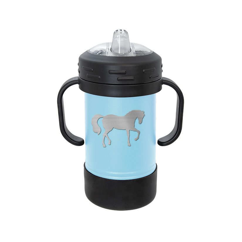 Custom engraved stainless steel sippy cup with your choice of horse design and personalized text. Equestrian Sippy Cup