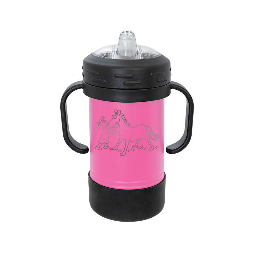 Custom engraved stainless steel sippy cup with your choice of horse design 3 and personalized text. Equestrian Sippy Cup