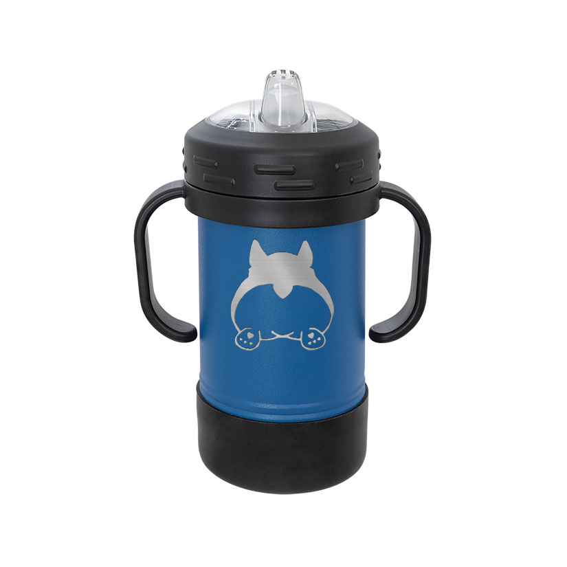 Custom engraved stainless steel sippy cup with your choice of corgi design and personalized text. Corgi Sippy Cup
