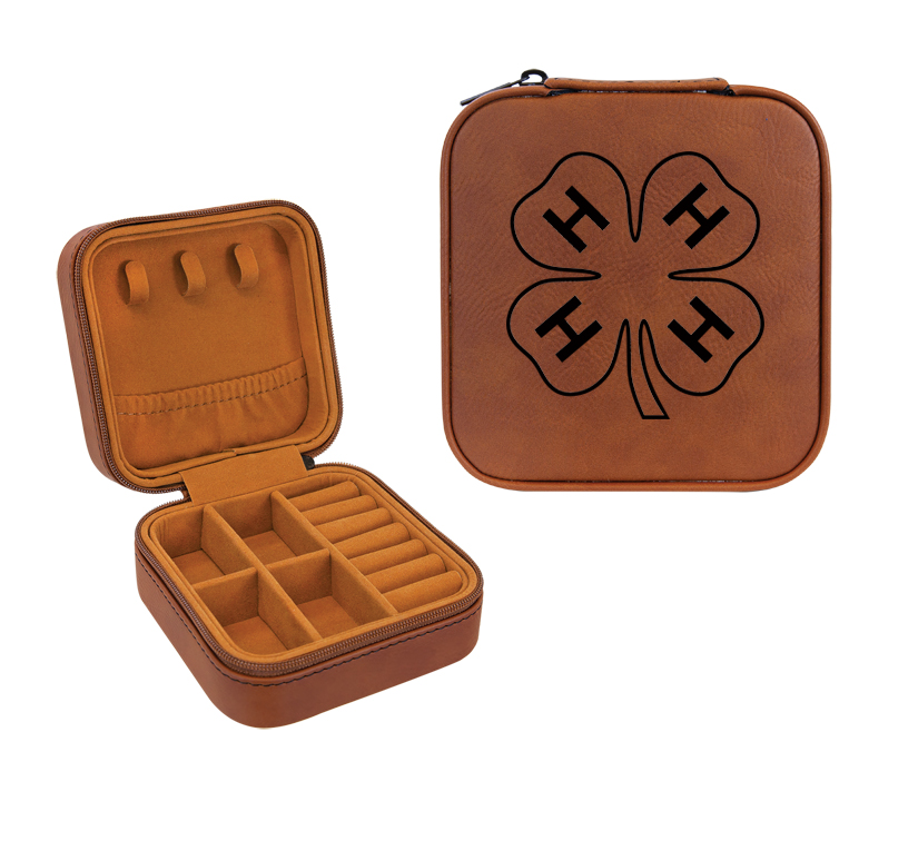Travel jewelry box made out of leatherette comes with engraved text and the 4-H logo of your choice. 4-H Jewelry Box