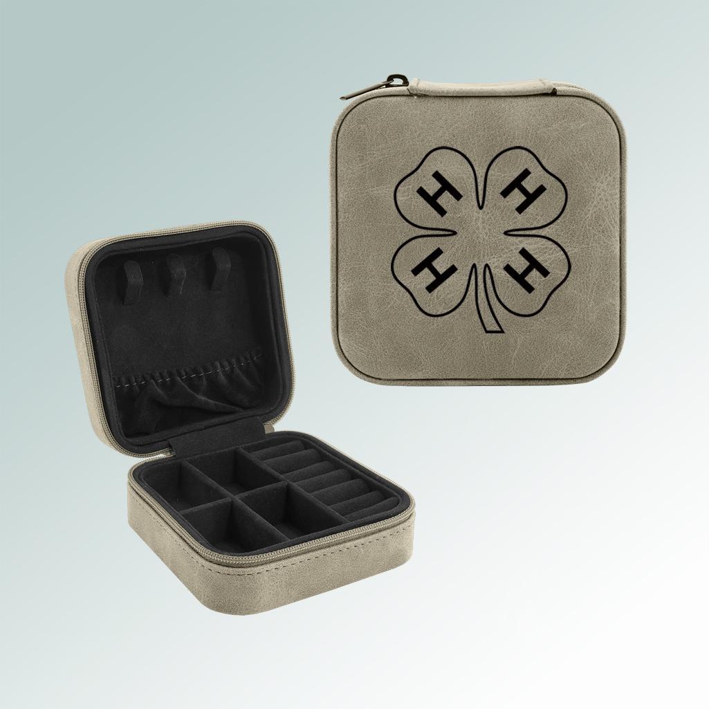 Leatherette 4-H travel jewelry box with your choice of 4-H logo and personalized engraved text. 6+ 4-H logos to choose from.