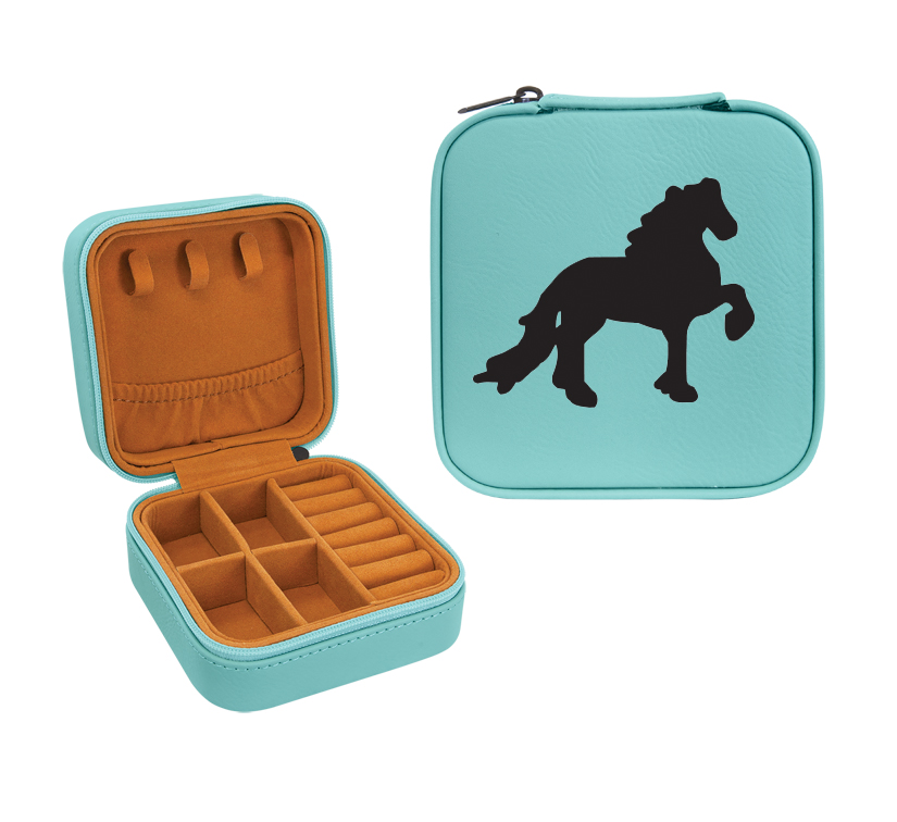 Leatherette travel jewelry box with your choice of horse breed logo and personalized engraved text. Horse Jewelry Box
